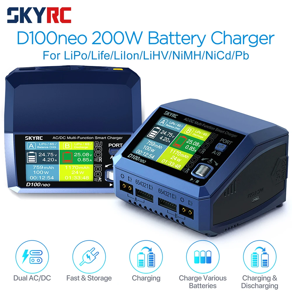 

SkyRC D100neo Battery Charger SK-100199 AC100W DC200W Smart RC Lipo Charger Discharger for LiPo/Life/LiIon/LiHV/NiMH/NiCd/Pb