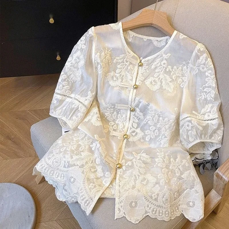 New Women's Shirt 2026 Spring Summer Chinese-style Short Sleeve Lace High-end Ladies Tops Comfortable Temperament Female Blouse
