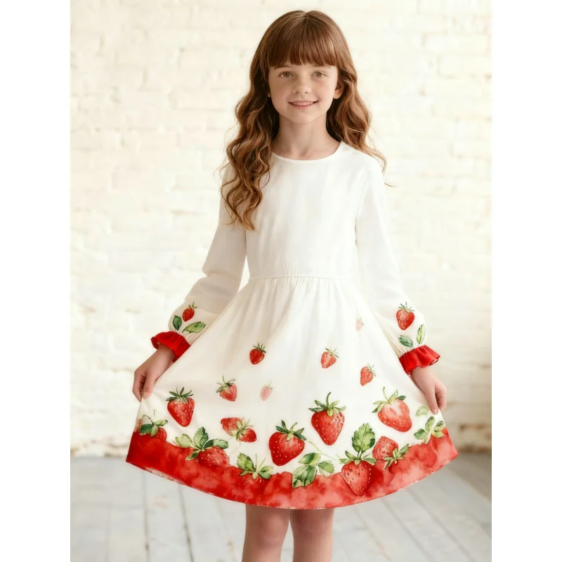 2025 Girls' Fresh Strawberry Fruit Long Sleeve Printed Dress