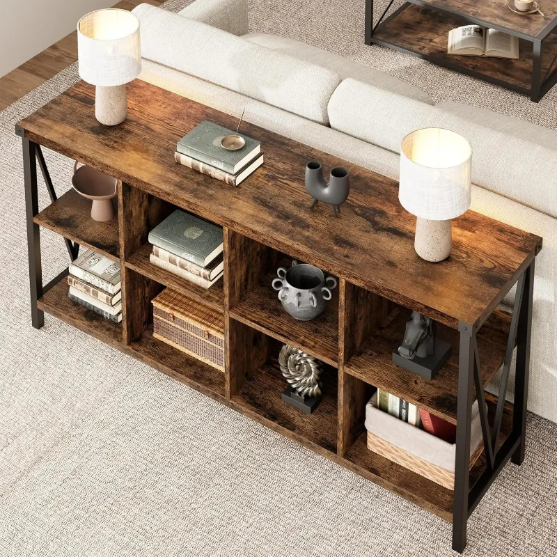 Farmhouse 8 Cube Storage Organizer Bookshelf, Rustic Wood Cubby Bookcase, Industrial Horizontal Long Shelf