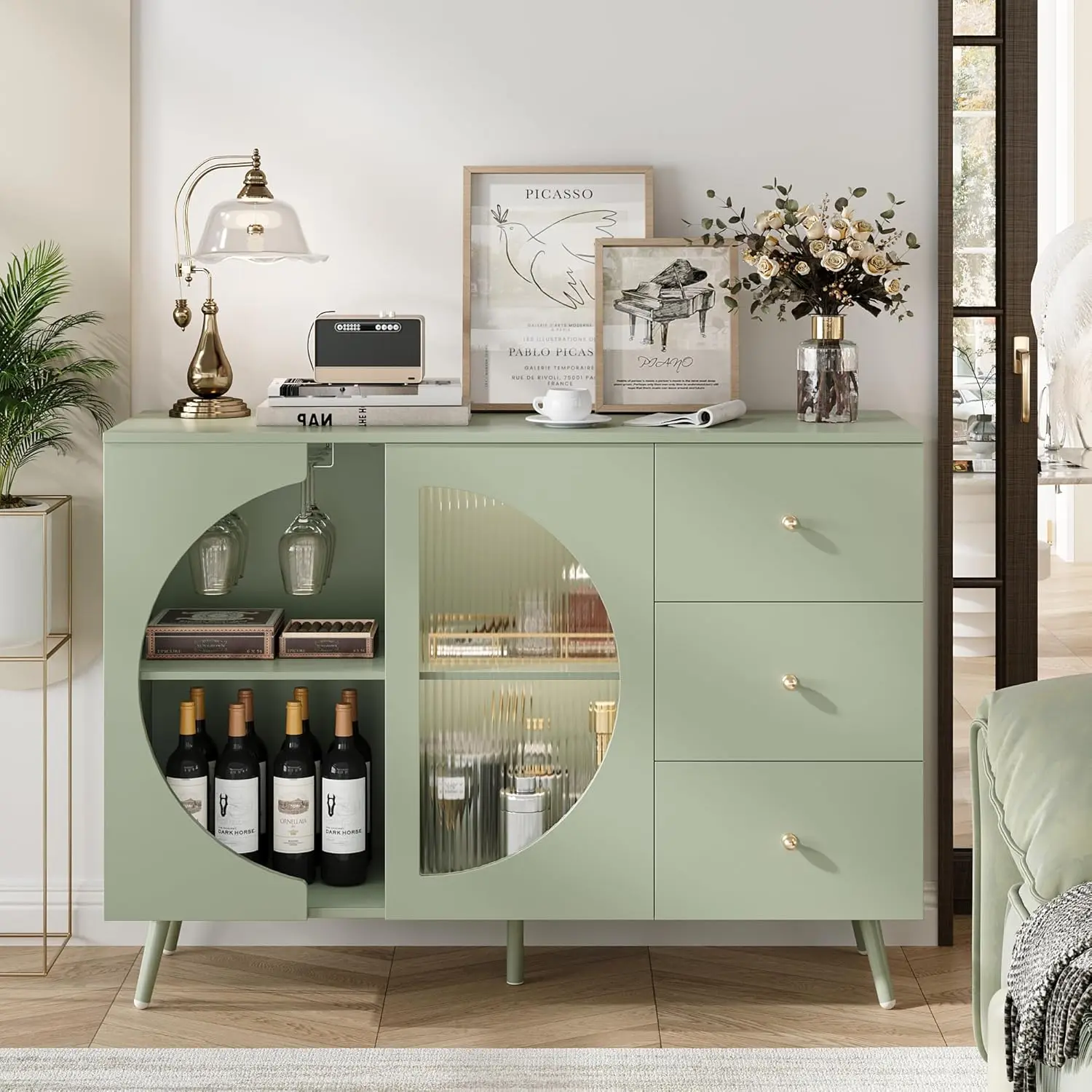 

Coffee Bar Cabinet with Fluted Glass Door, Modern Cream Buffet with Wine Rack, Drawer Storage for Living Room, Green