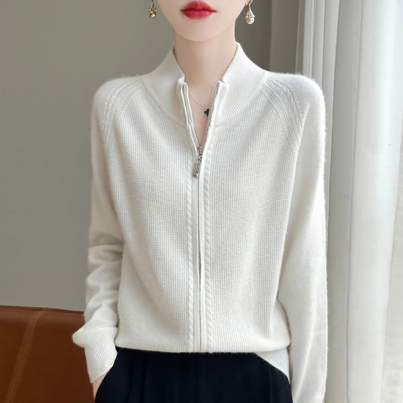 Women's Coat 100% Pure Wool Women's Zipper Knitted Cardigan Spring Autumn Long Sleeved Sweater Casual Stand up collar Shirt Tops