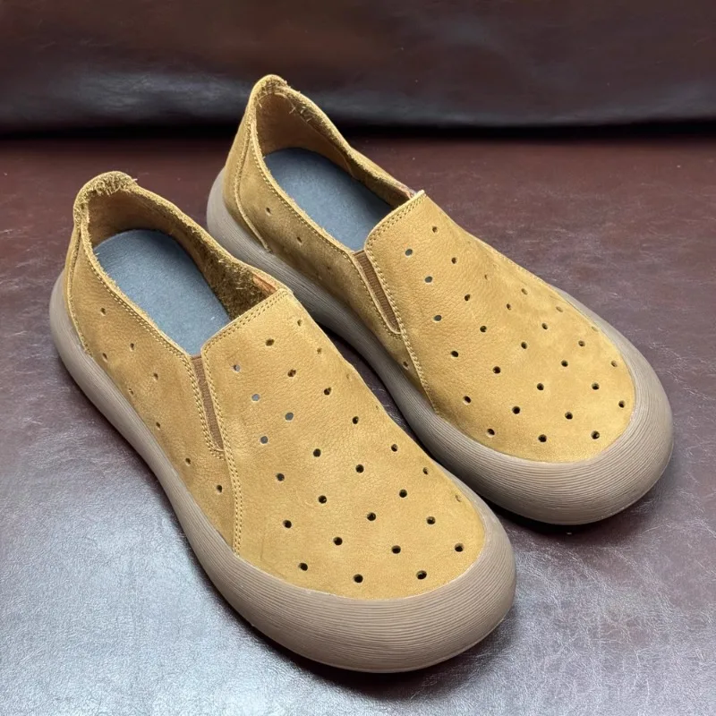 

Handmade Summer Men Casual Shoes Genuine Leather Vintage Soft Sole Hollow Out Loafers Outdoor Breathable Work Shoes Mocasines