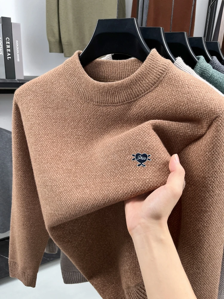 

High end brand heart-shape embroidered sweater men's fashion comfort knitted autumn winter warm plush casual round neck pullover