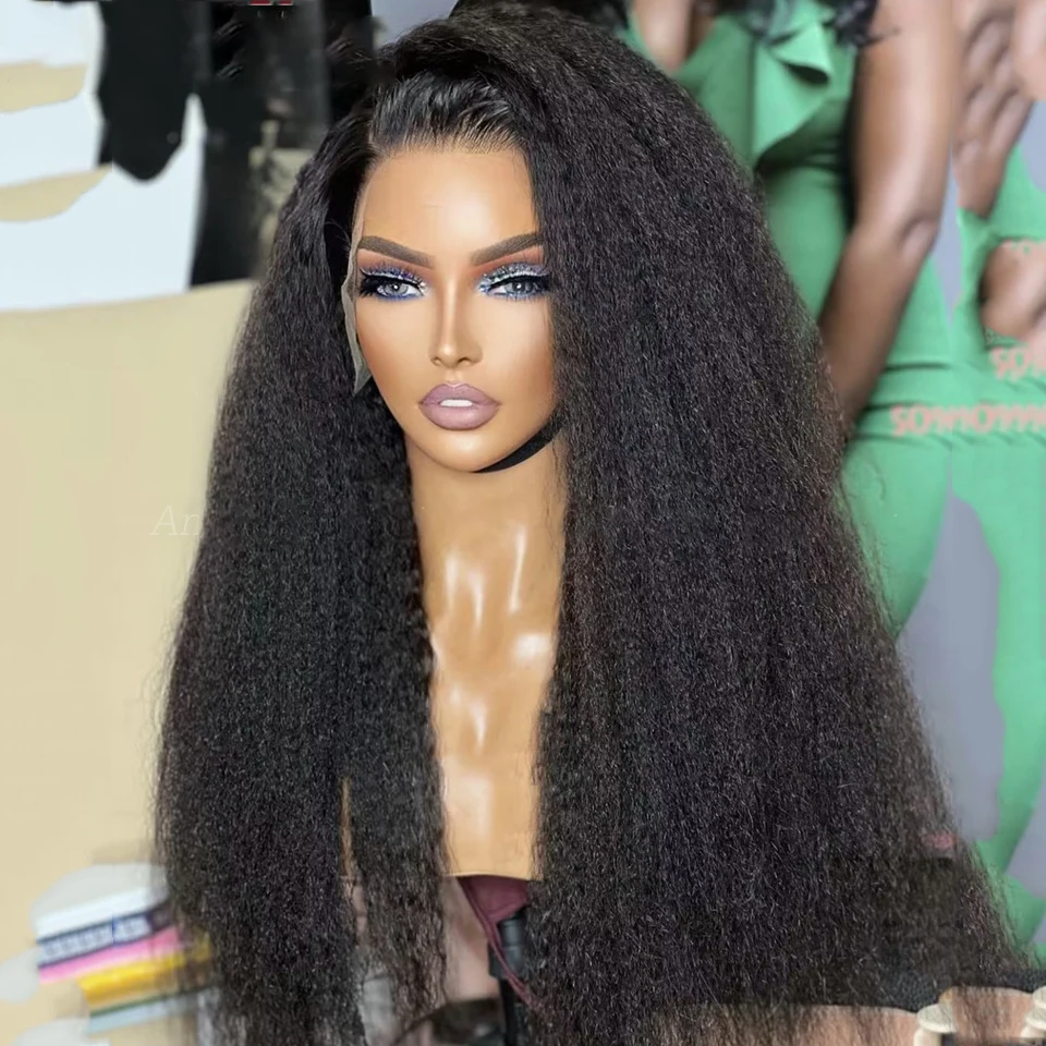 

26Inch Long Yaki Soft Natural Black Kinky Straight 180Density Deep Lace Front Wig For Women With Baby Hair Preplucked Glueless