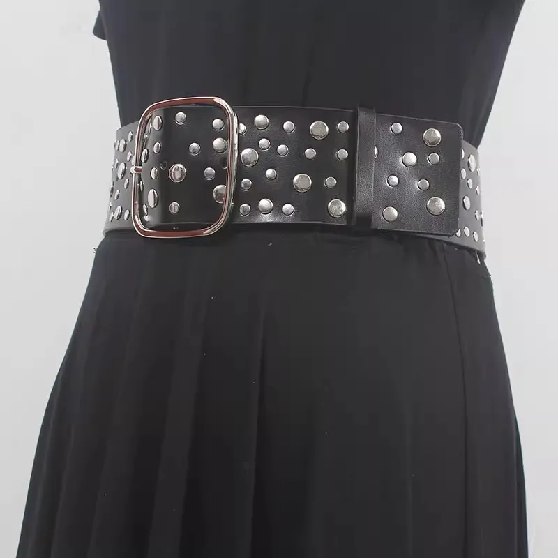 Women's Fashion Black Genuine Leather Rivet Punk Cummerbunds Female Dress Corsets Waistband Belts Decoration Wide Belt R260