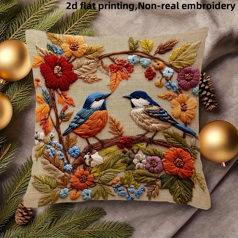 2D flat- # Christmas Decor Throw Pillow Cover Vintage Winter Birds Floral Wreath Linen Pillowcase for Sofa Couch Bed