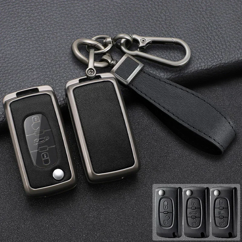 

Zinc Alloy + Leather Car Key Case Cover For For Peugeot 107 207 307 308 407 607 5008 Citroen C5 C6 C8 Xsara Picasso Berlingo