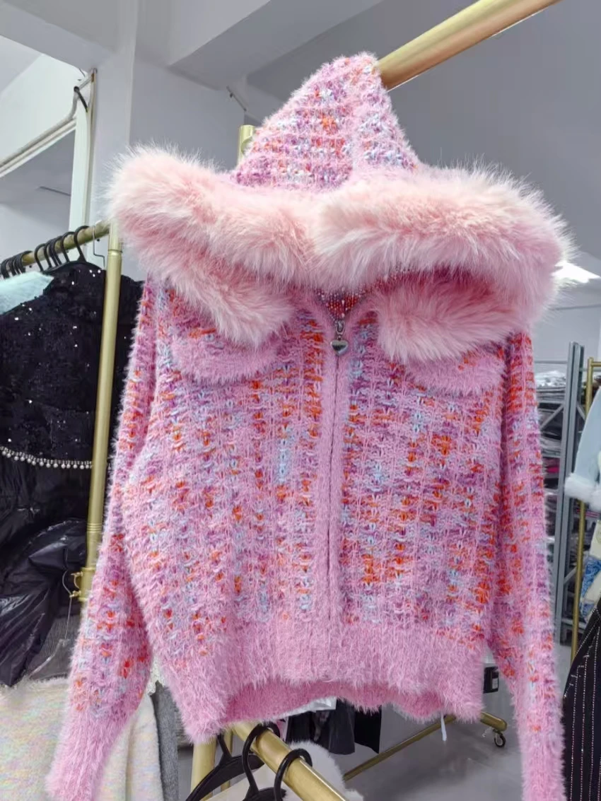 Real Photo Spring Autumn Hooded Faux Fur Knitted Cardigan Coat For Women Chic Slim Fit Sweater Outwear Knitwear Jacket