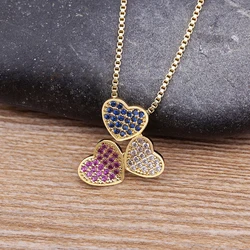 Nidin Fashion Romantic Three Sweet Peach Heart Love Chain Pendant Necklace for Woman Wedding Party Zircon Accessories Gifts