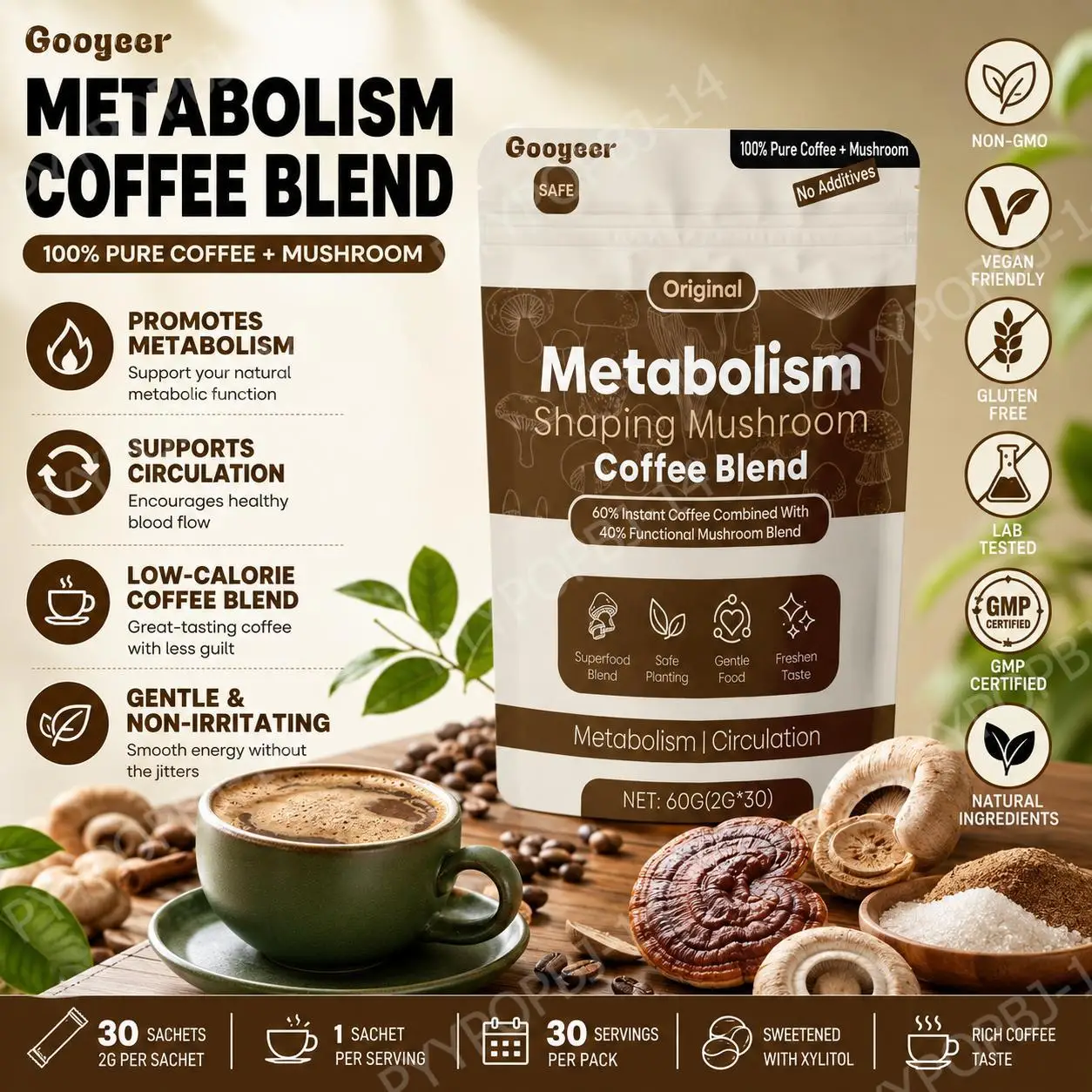 Googeer Original Metabolism Shaping Mushroom Blend Powder Supplement with Xylitol, No Additives, Gentle Formula 60g (2g X 30)