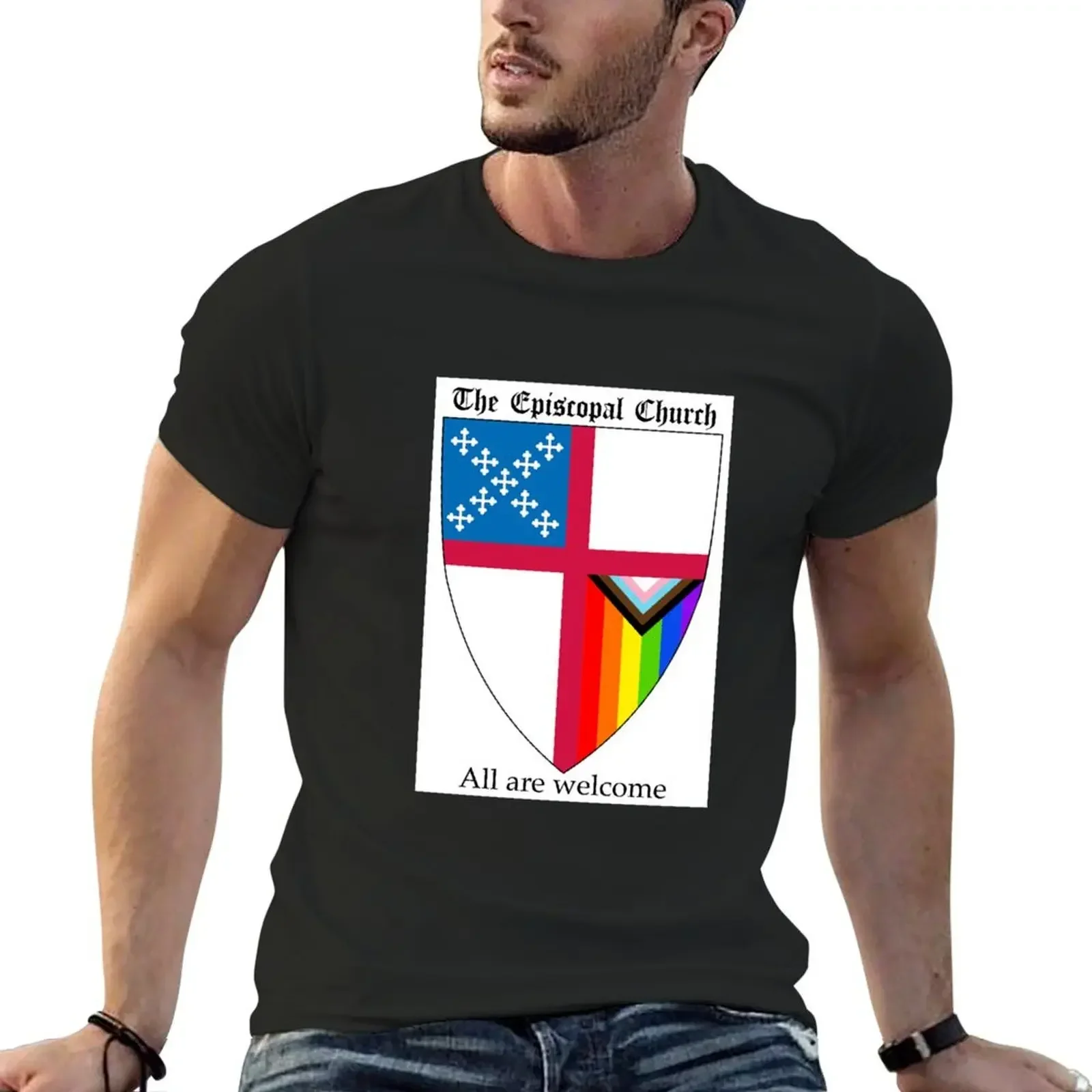 Episcopal Church Shield with Progressive Pride Flag Vertical Rainbow - All Are Welcome 2 T-Shirt