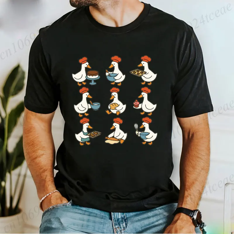 Men's Funny Geese Baking Graphic T Shirt Cute Cartoon Chef Goose Print Short Sleeve Tee Casual Tops Gift for Baking Lover Baker