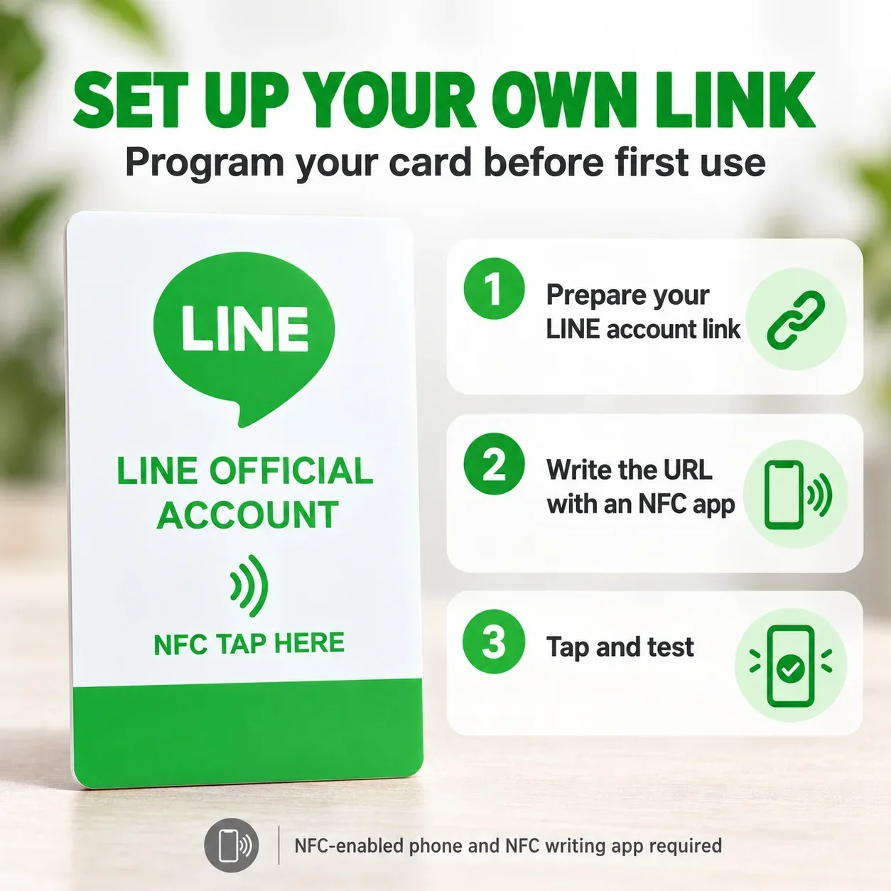 1pc Green and White NFC Card for LINE PVC 215 Chip Rewritable for Customer Communication Buyer Setup Required Before Use