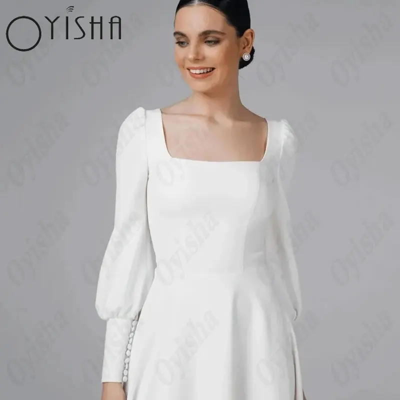 OYISHA Puff Sleeves Square Collar Wedding Dresses Classic Satin A-Line White Bridal Gowns For Woman Backless Vestido De Mariages