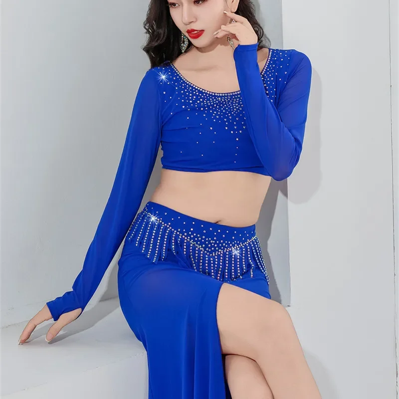 الفاخرة البريق حجر الراين تألق ملابس رقص شرقي للنساء المهنية كرنفال تنورة الجانب سبليت مثير الإناث الرقص البدلة