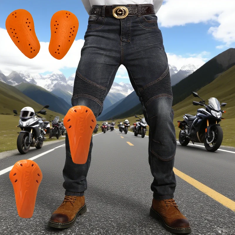 Kevlar Motorcycle Jeans for Men - Aramid Fireproof Riding Pants with Knee Protection, Blue Motocross Casual Wear Hi-03