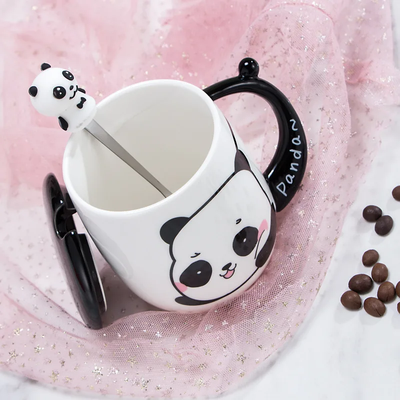 Ceramic 3D Panda Coffee Mugs with Lids Spoons New Cartoon Retro Milk Couple Cups Drinkware Business Gifts Kitchen Bar Supplies