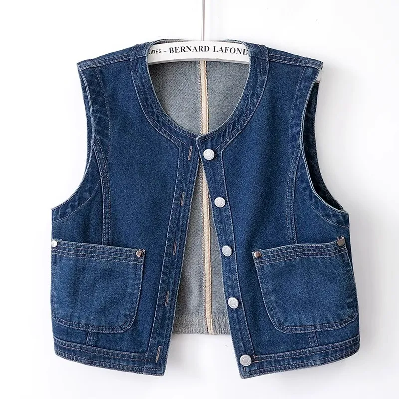 Black Blue White Denim Vest Women Waistcoat Slim Short Cowboy Sleeveless Jacket Coat Korean O Neck Pocket Jeans Vests Female