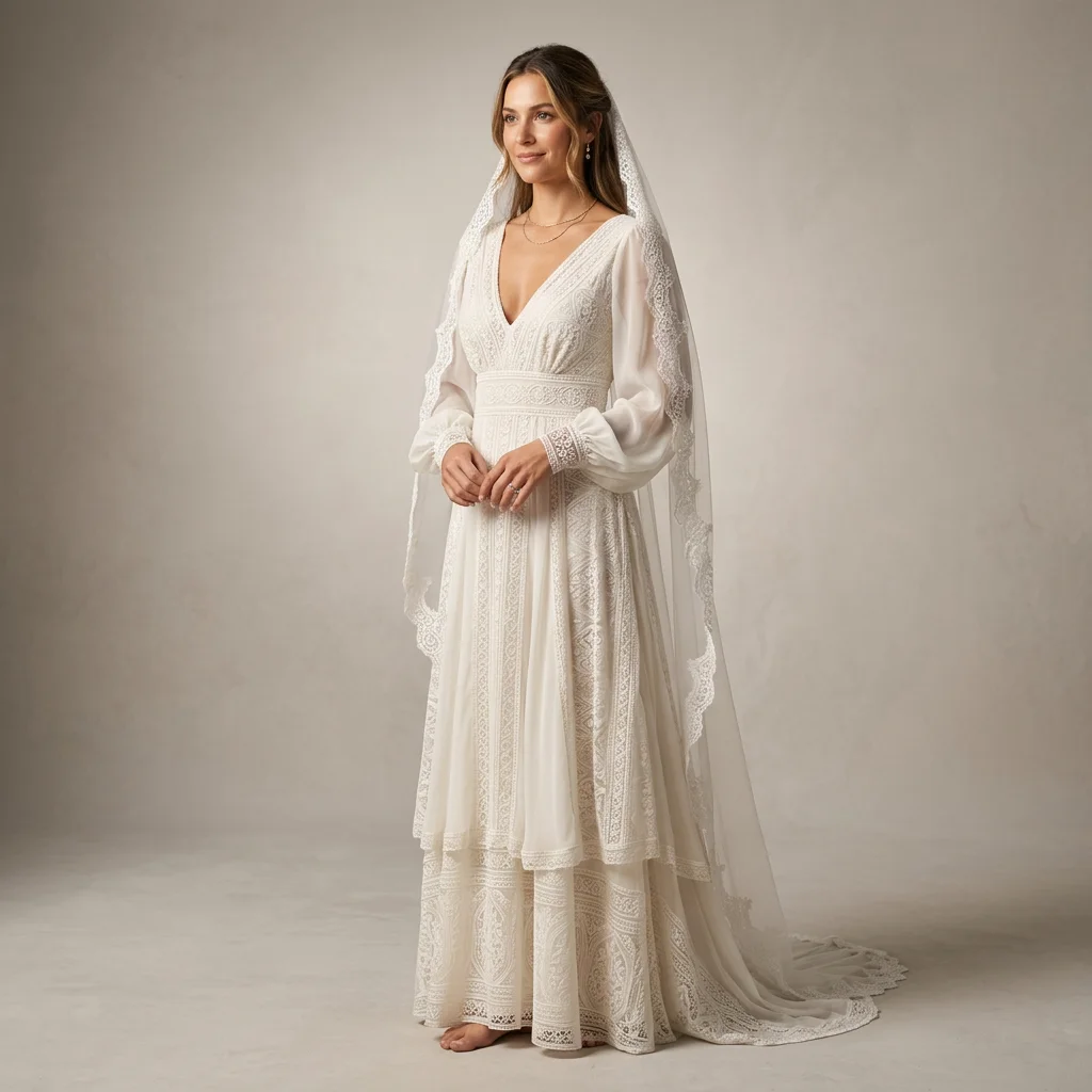 Boho V Neck Long Puff Sleeve Lace A Line Wedding Dress Tiered Skirt Vintage Bohemian Bridal Gown
