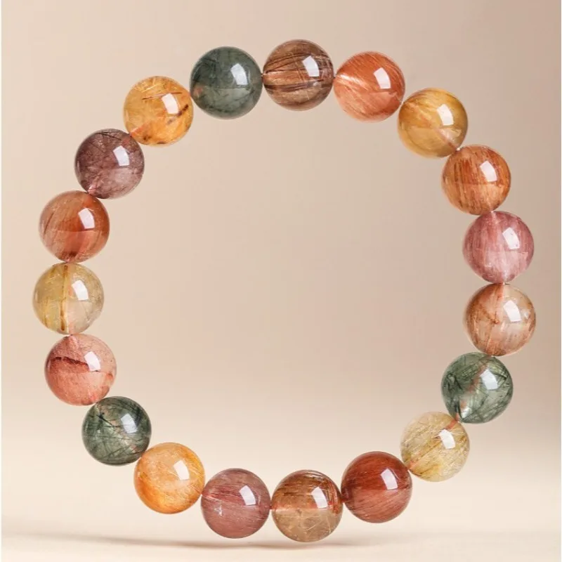 Chinese Style Natural Colorful Rutilated Quartz Bracelet Lucky Fortune Blessing Healing Crystal Beaded Bracelet For Men Women