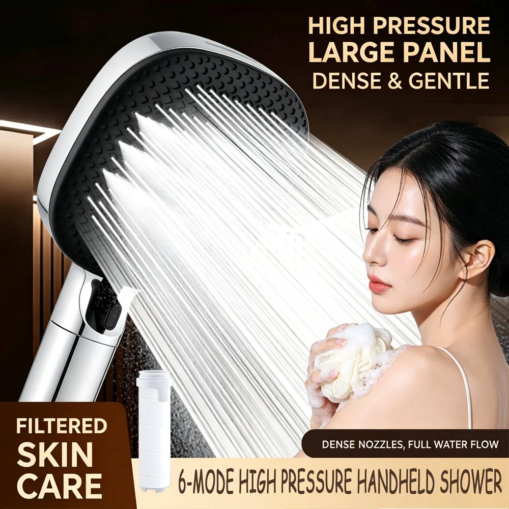 1PC Square 12CM Big Panel Pressurized Shower Head With Filter 6 Modes Adjustable Spray Nozzle Massage Bathroom Handheld Shower