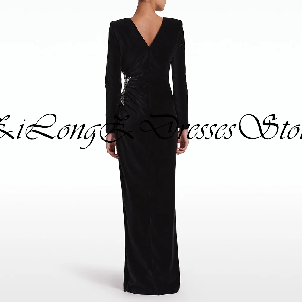 Customized Exquisite and High Quality Crystal Black Velour Evening Dress Crew Neck Long Sleeves Zipper Back Robe de soirée 2025