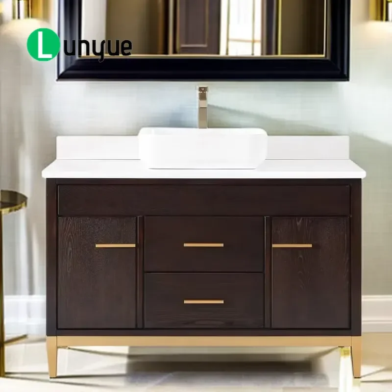 Modern Gold Frame Floor Standing Single Sink Bathroom Vanity Cabinet with Artificial Marble Top 48 Inch Storage Unit for Home