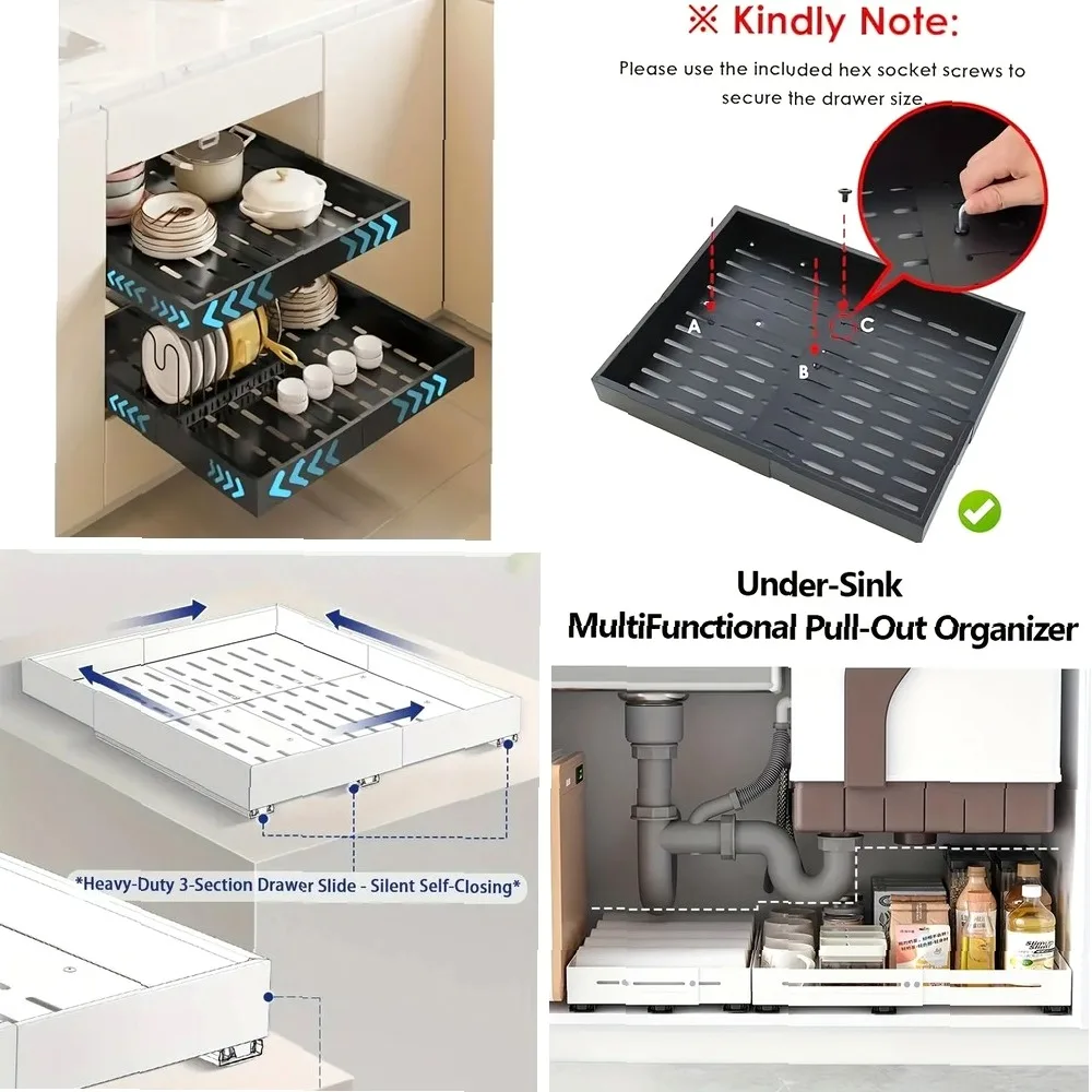 

Pull Out Tray Organizer Kitchen Storage Rack Cabinet Expandable Under Sink Spice Boxes Silent Slide Drawer Style Bowl Dish Shelf