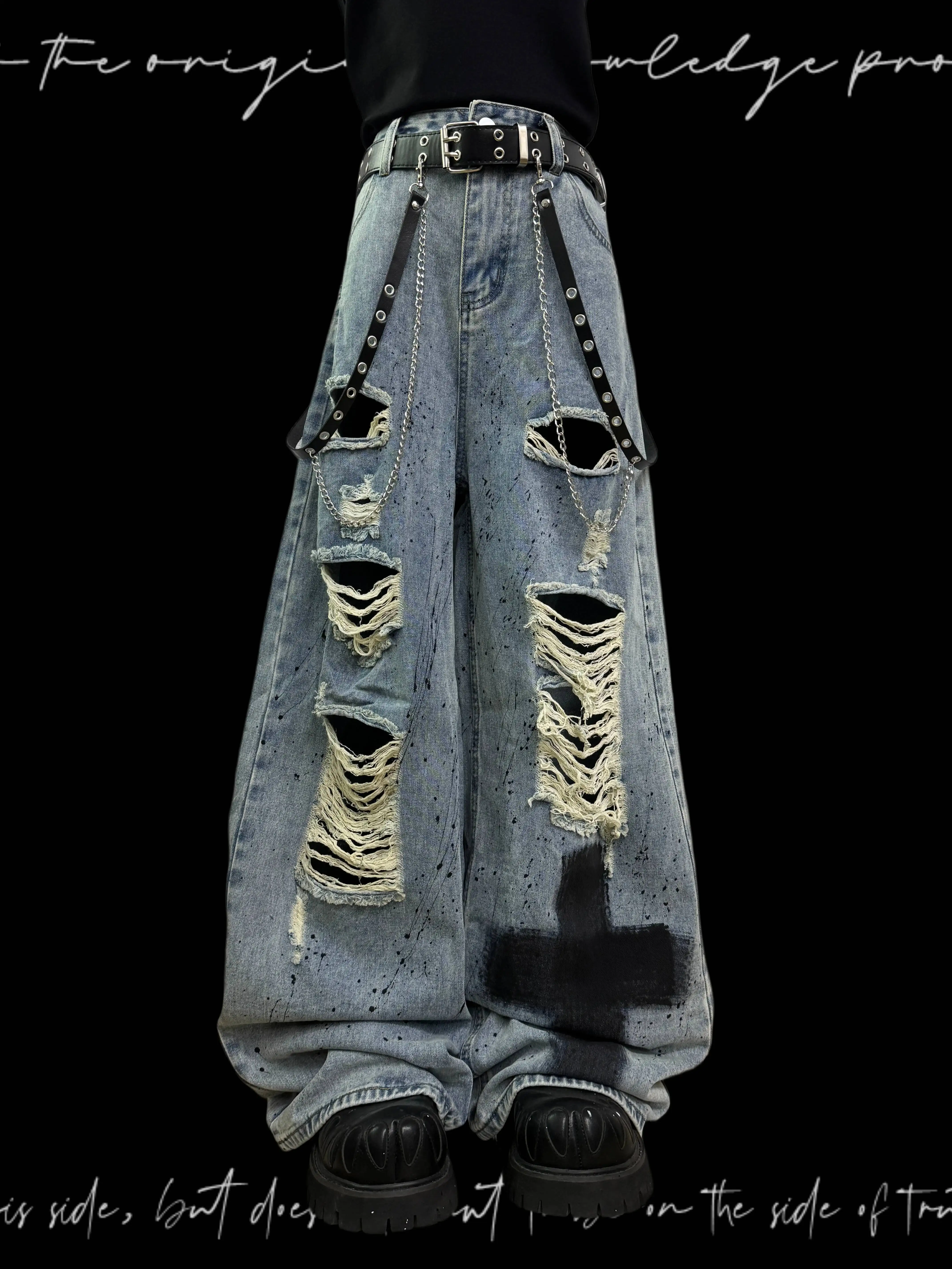 

Unisex Jeans 2026 New American Gothic Punk Wasteland Style Ripped Fringe Jeans For Men Women Loose Wide Leg Pants Streetwear