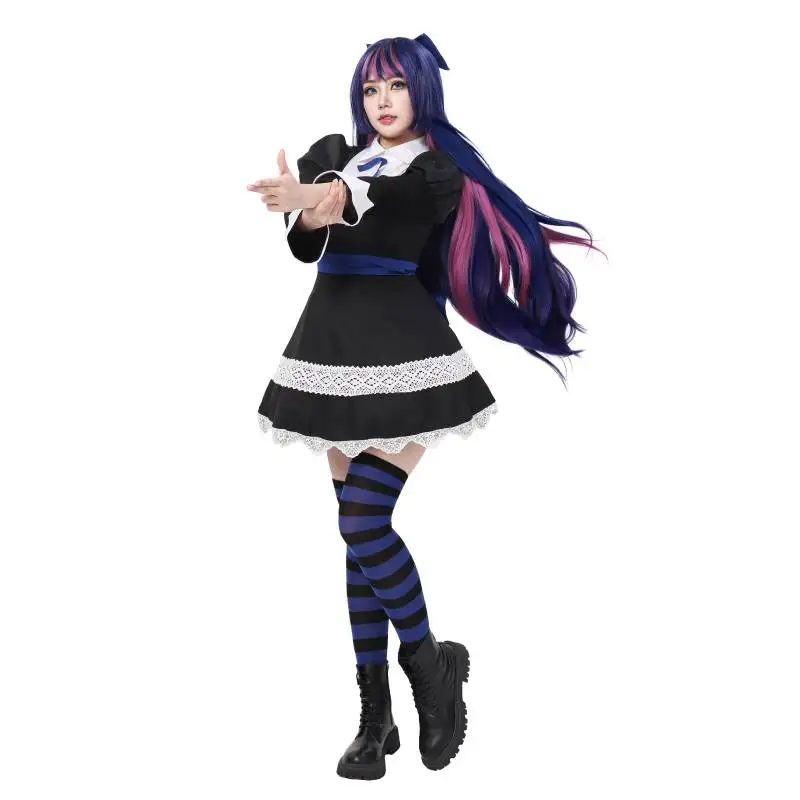 

DAZCOS Panty & Stocking With Garterbelt Stocking Anarchy Cosplay Costume Black Maid Dress Stocking Uniform Full Set Halloween