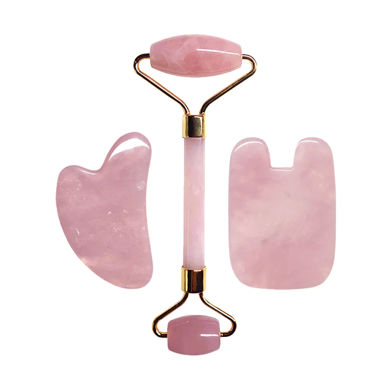 3PCS/Set Natural Rose Quartz Gua Sha Roller Slimming Face Massager Lifting Tool Facial Massage Jade Roller Gua Sha Kit Stone