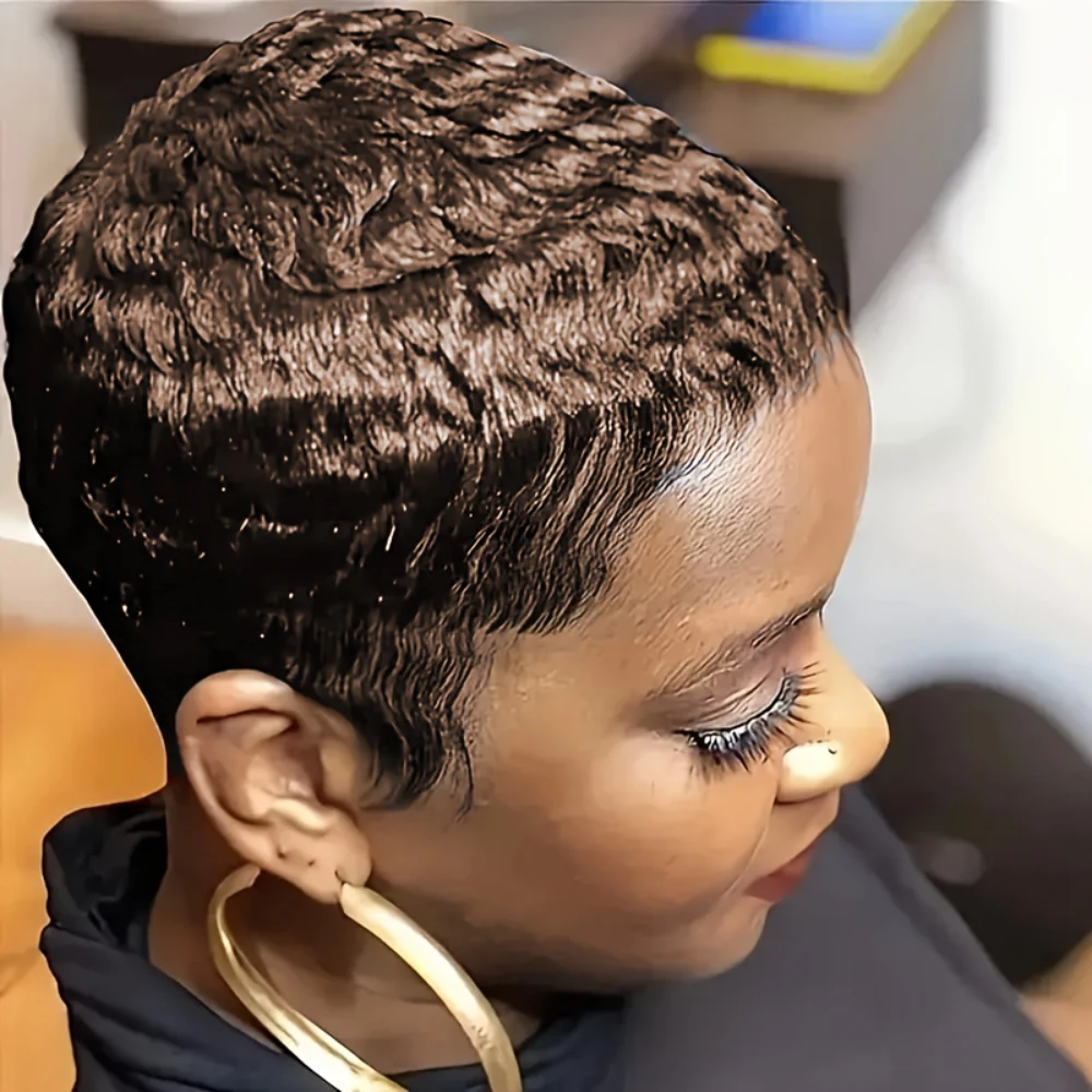 密度150% 4インチ ピクシーカット カールウェーブ 人毛ウィッグ 女性用 フルマシンメイド ウィッグ デイリーユース パーティー用