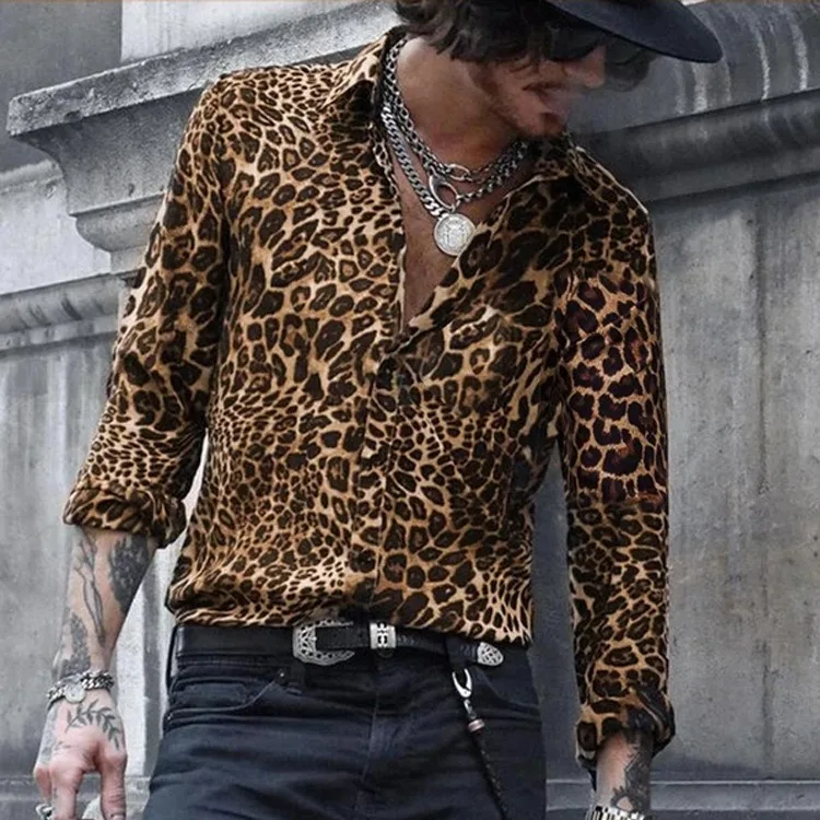 2026 Popular Leopard Print Black/Brown Men'S Shirt Leopard Pattern Long Sleeve Lapel Male Shirt T-Shirt For Men Large Size S-3xl