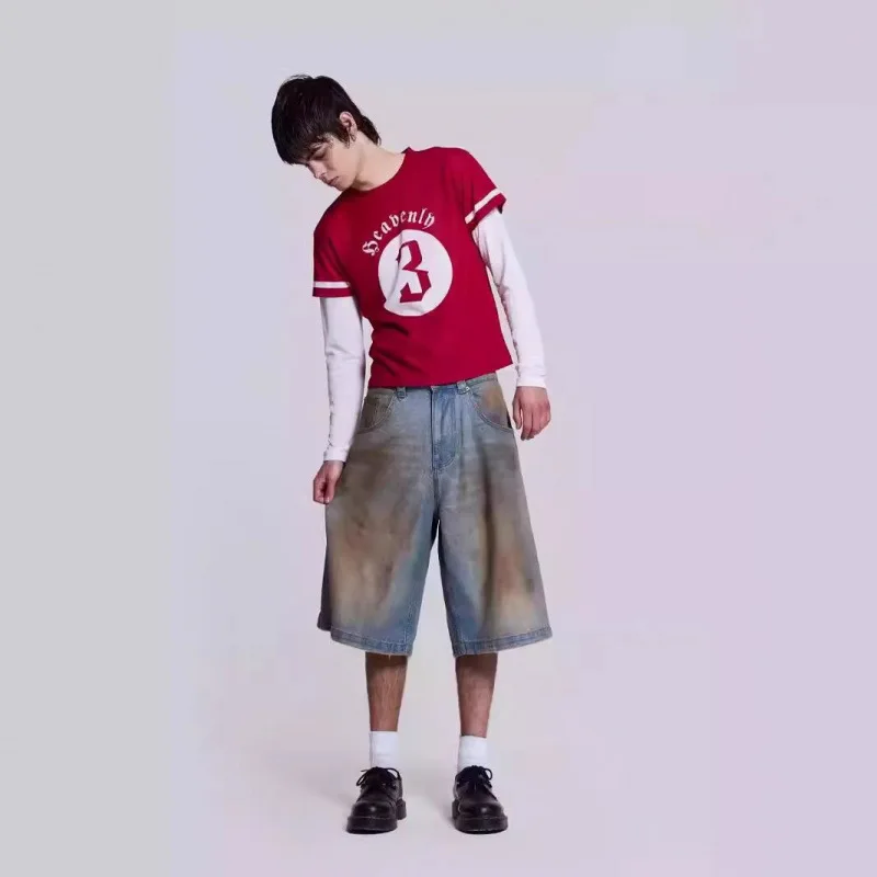 Jaded london 25SS beach pants men's and women's dirty dyed blue faded old straight jeans shorts mid-rise jeans