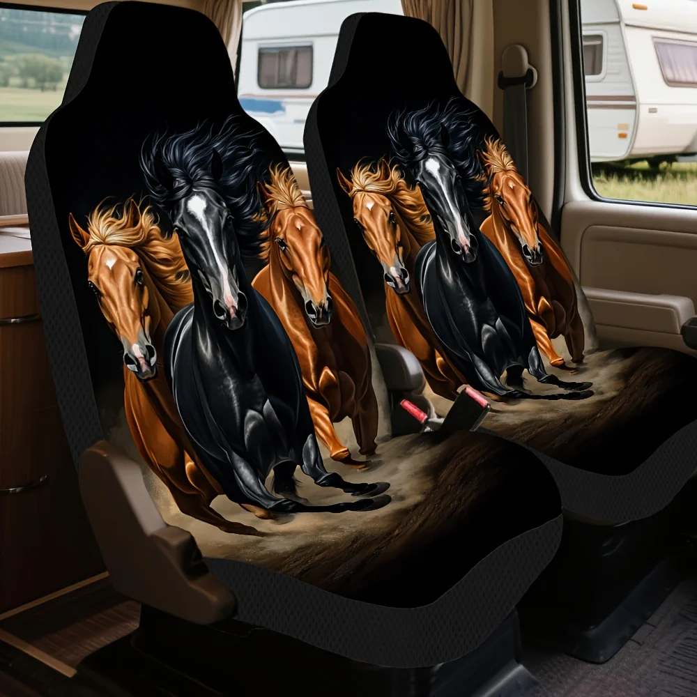 2pcs Galloping Horses Trio Print Car Seat Covers Set - Breathable Polyester, Fits Sedans, SUVs, Trucks, Hatchbacks - Stylish & C