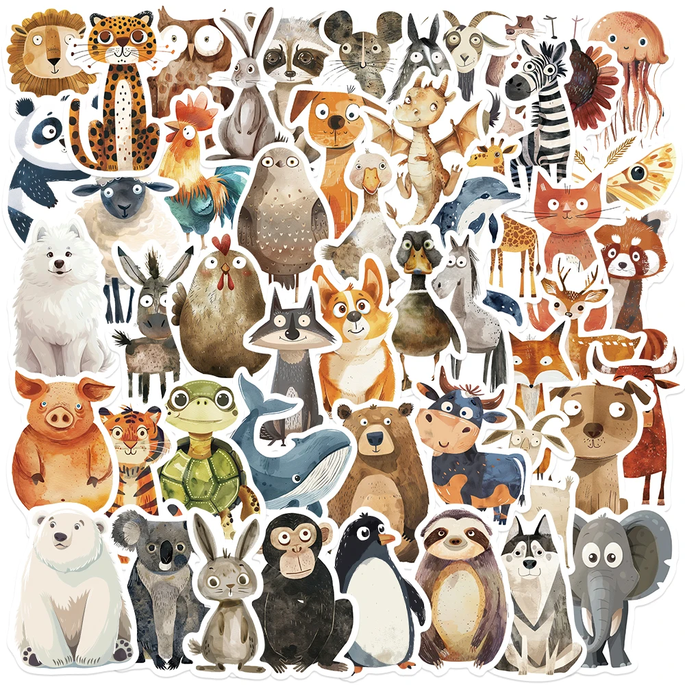 50pcs Cute Strange Watercolor Animals Cartoon Stickers DIY Phone Laptop Luggage Guitar Cup Waterproof Graffiti Bicycle Decals