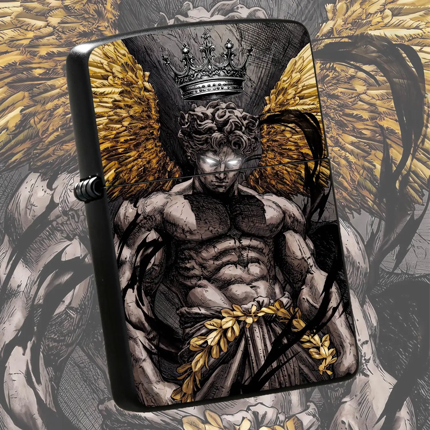 Vintage Aesthetic Angel King Themed Portable Lighter, Hand Drawn Dark Line Art Golden Wing Laurel Crown Decor, Stylish Unique Daily Carry Accessory, Perfect Gift Choice For All Occasions, Suitable For Outdoor Gathering Daily Use Scenarios,