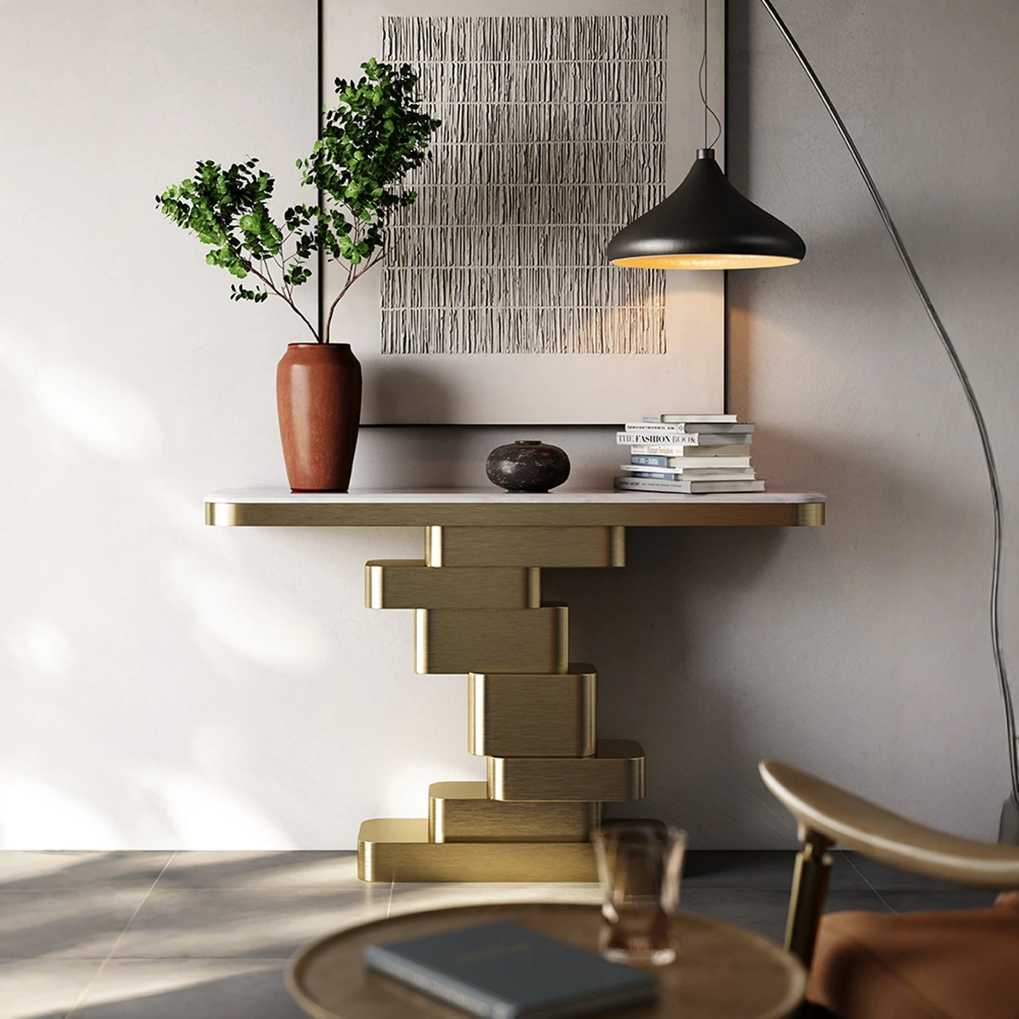 

Light luxury entrance table Household stainless steel entrance table Natural marble countertop
