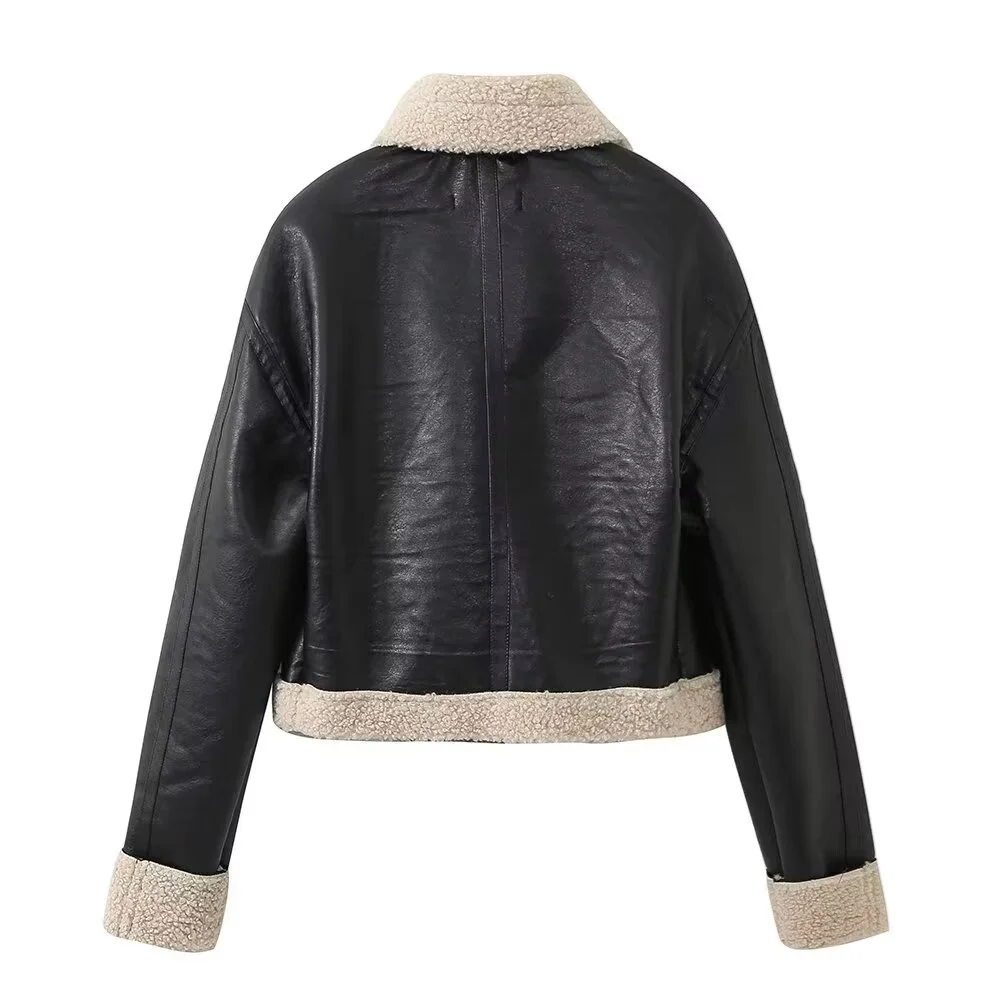 TRAF Autumn new women\'s fashionable casual versatile lapel long sleeved double-sided leather jacket