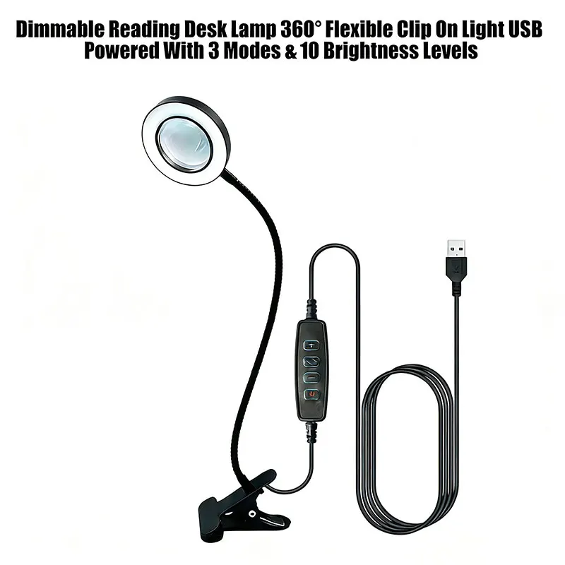 Dimmable Reading Desk Lamp 360° Flexible Clip On Light USB Powered With 3 Modes & 10 Brightness Levels