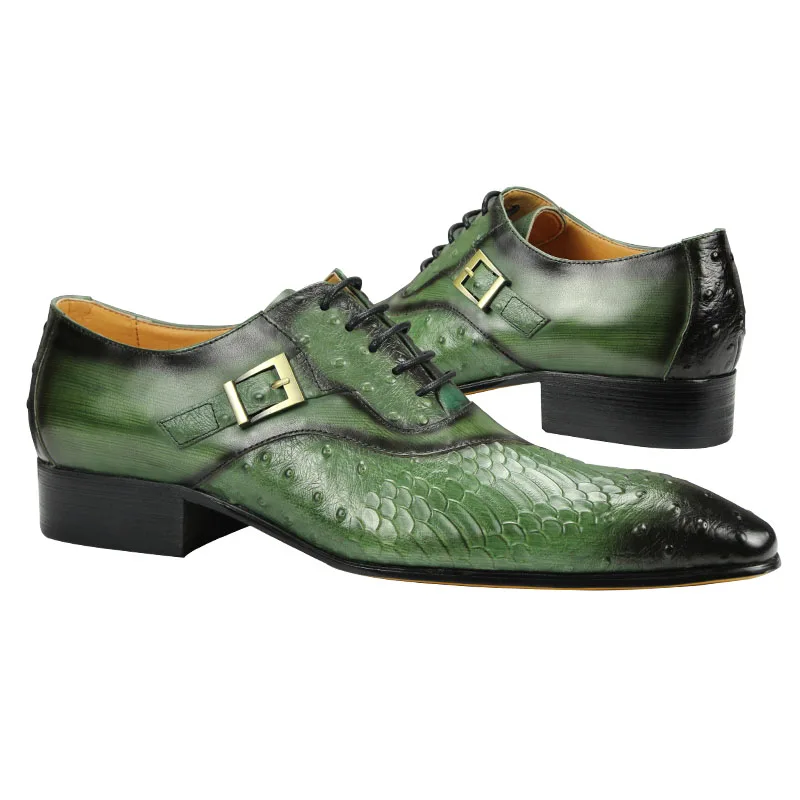 Mens Green Oxford Dress Shoes men dress shoe vestidos Side Buckle Leather Wingtip Lace Up office business wedding Husband gift