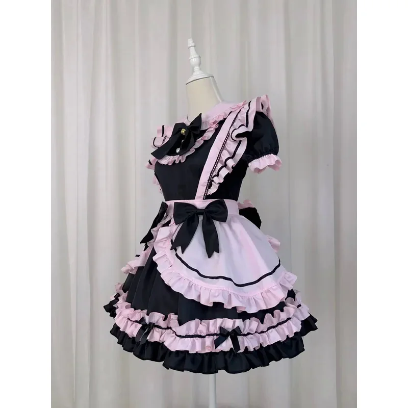 Anime Gothic Lolita JSK sukienka z krótkim rękawem kawaii kokardka pokojówka sukienki na imprezę cosplay koty dziewczyna Harajuku śliczne różowe falbany Czarny