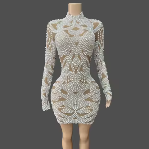 Women Luxury Pearls Stick Mesh Long Sleeve Bodycon Mini Dress Celebrity Evening Party Birthday Photoshoot Dress Stage Costumes