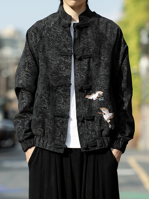 معطف رجالي كاجوال فضفاض ومطرز من Ele مطرز بنمط تنين طويل Sve بأزرار وياقة واقفة معطف ريترو Sle #1