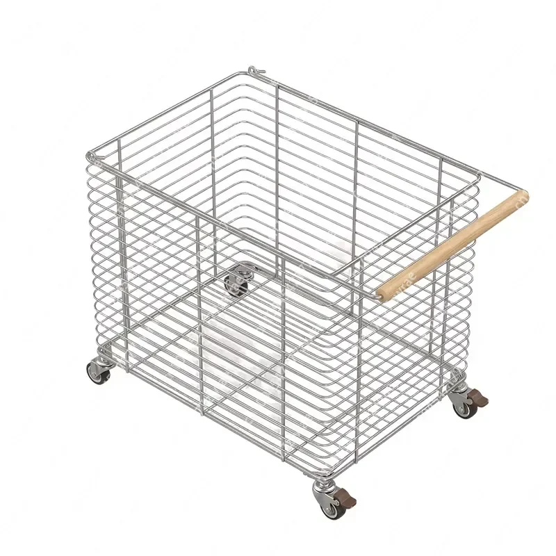 304 Stainless Steel Bathroom Vanity Under-cabinet Laundry Basket Floor-standing Storage Basket Movable with Wheels