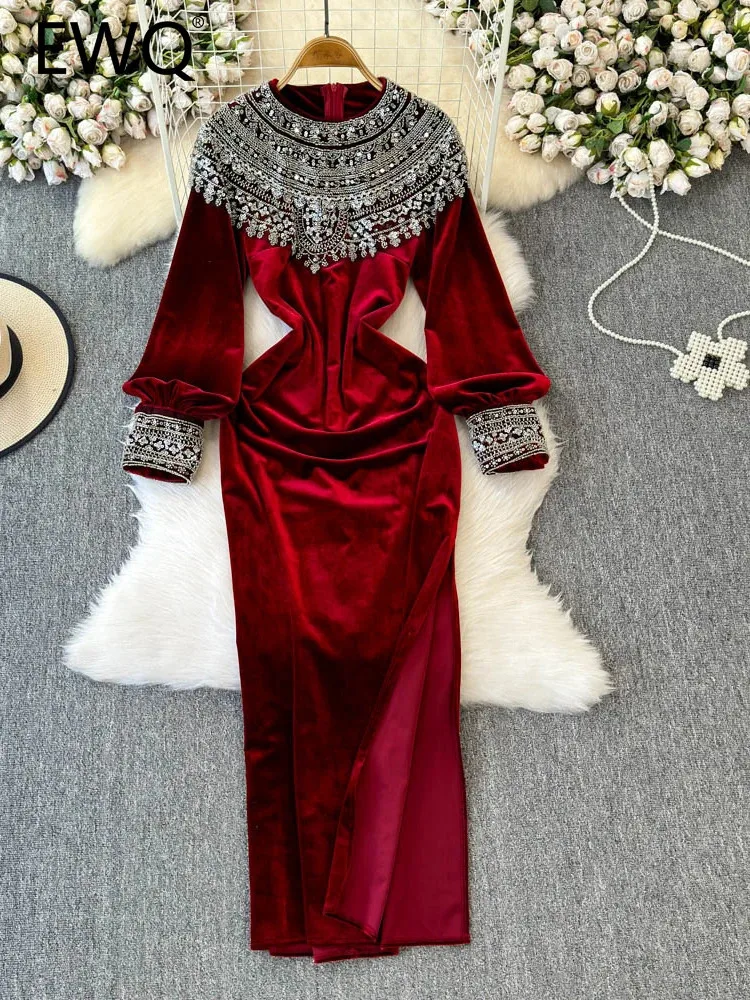 EWQ French Style Sequin Embroidery Dress For Women O-neck Long Sleeves Block Color Split Dresses 2025 Spring New 27X1909