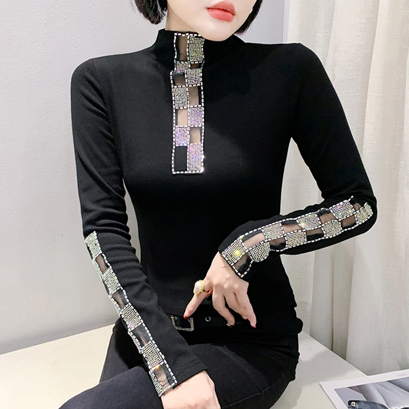 2025 Spring New Korean Half High Collar Women T shirt Sexy Patchwork Diamonds Tops Slim Long Sleeve Balck Bottoming Shirt