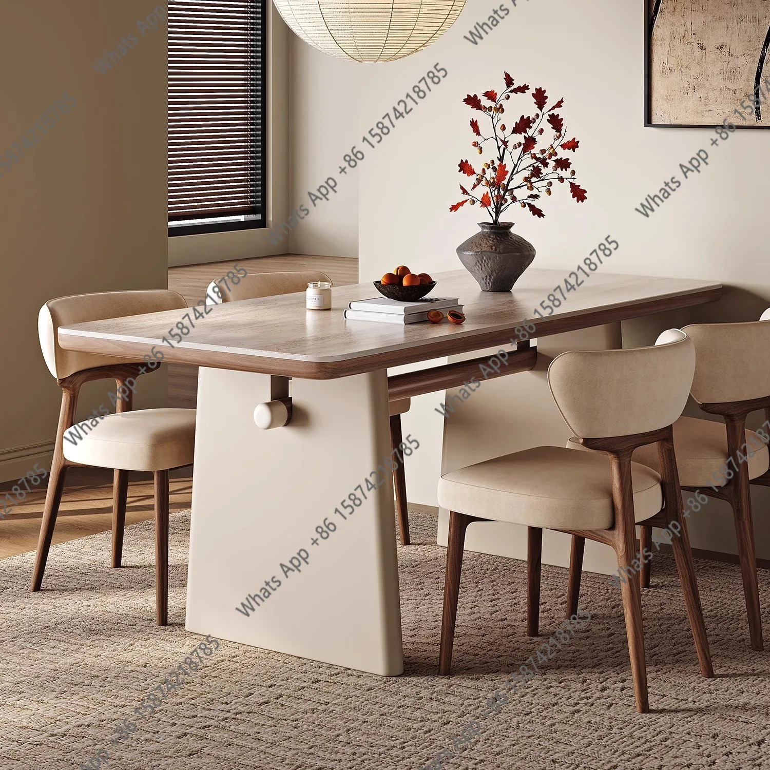 French rock slab dining table for home use, modern simplicity and high-end feeling, light cream wind small apartment, white trav