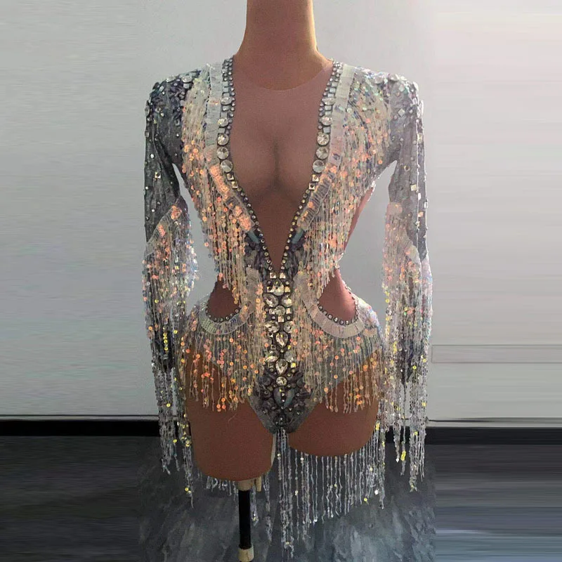 Zilveren pailletten kwastje diamant lange mouwen jumpsuit bar nachtclub vakantie feest zangeres toonaangevende dans podiumkleding